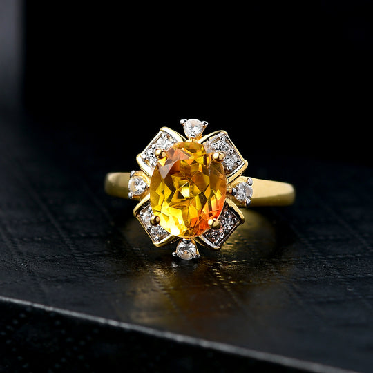 D'Joy - Sonnenstrahlen-Design Sphaleros Quarz-Triplette, Weißer Zirkon Ring 925 Silber 750 Gelb Vergoldet (Größe 17.00) ca. 3.46 ct