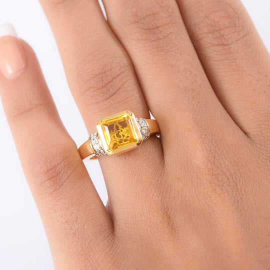 D'Joy - Feuerrahmen-Design Sphaleros Quarz-Triplette, Weißer Zirkon Ring 925 Silber 750 Gelb vergoldet (Größe 20.00) ca. 3.15 ct