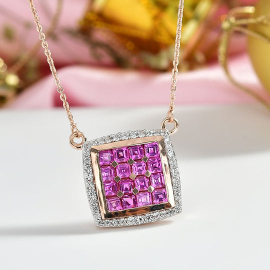 AA Lab Grown Rosa Saphir, Weißer Zirkon Halskette ca. 50 cm 925 Silber 750 Roségold Vermeil ca. 2.59 ct