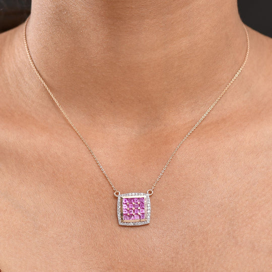 AA Lab Grown Rosa Saphir, Weißer Zirkon Halskette ca. 50 cm 925 Silber 750 Roségold Vermeil ca. 2.59 ct