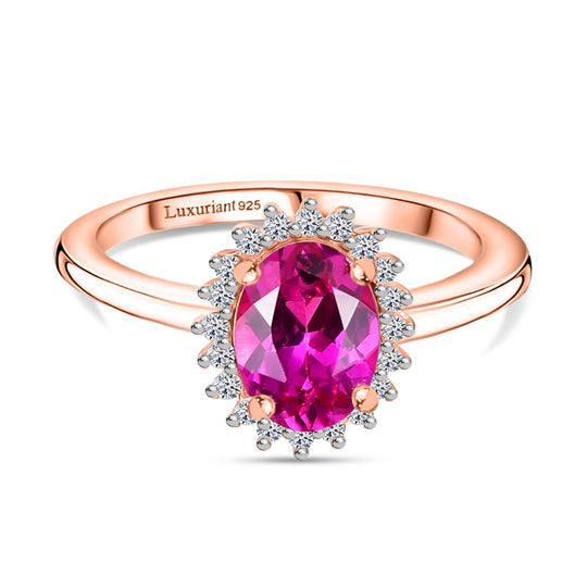 AAA Lab Grown Rosa Saphir, Weißer Zirkon Ring 925 Silber 750 rosévergoldet (Größe 21.00) ca. 1.89 ct