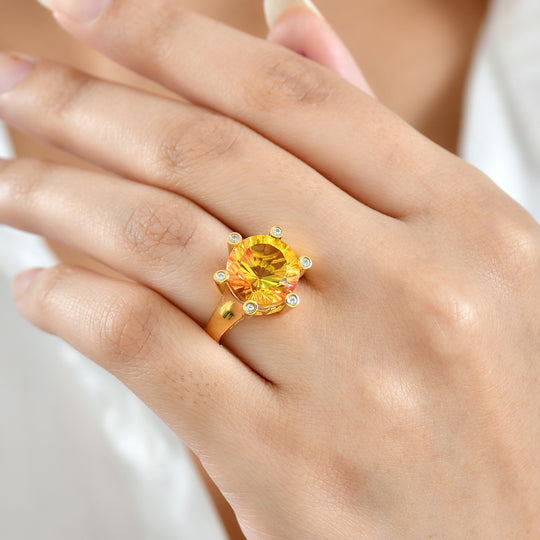 D'Joy - Sonnenfeuer-Design Sphaleros Quarz-Triplette, Weißer Zirkon Ring 925 Silber 750 Gelbgold Vermeil (Größe 20.00) ca. 7.93 ct