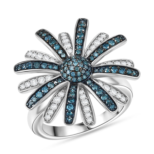 D'Joy Blauer Diamant, Weißer Diamant Ring 925 Silber rhodiniert (Größe 17.00) ca. 1.00 ct