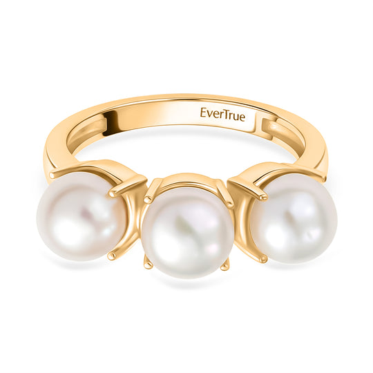 EverTrue weißer Süßwasser Perle (6-6,5mm) Trilogie-Ring, Messing mit Gelbgold E-Beschichtung