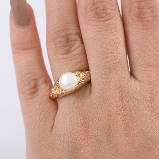 D'Joy Süßwasser Perle (8-8,5mm) und weißer Zirkon Ring, 925 Silber 750 vergoldet
