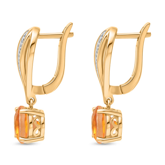 D'Joy - Feuerlicht-Tropfen-Design Sphaleros Quarz-Triplette, Weißer Zirkon Ohrringe 925 Silber 750 Gelb Vergoldet ca. 3.24 ct