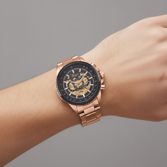 GENOA TIME - Armbanduhr Legierung, Reiner Edelstahl, bicolor, schwarz-goldfarben, Automatik, 3 ATM wasserdicht
