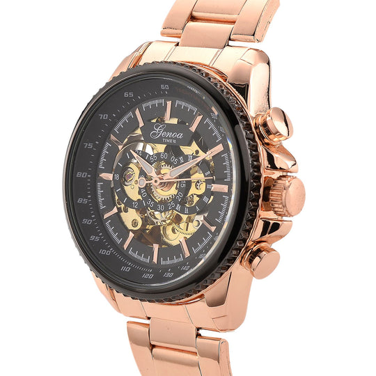 GENOA TIME - Armbanduhr Legierung, Reiner Edelstahl, bicolor, schwarz-goldfarben, Automatik, 3 ATM wasserdicht