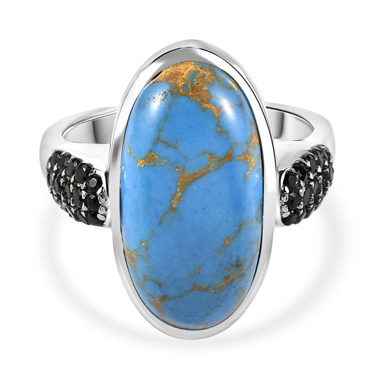 EVER TRUE Blaues Türkis, Schwarzer Spinell Ring 316L Edelstahl (Größe 19.00) ca. 8.30 ct