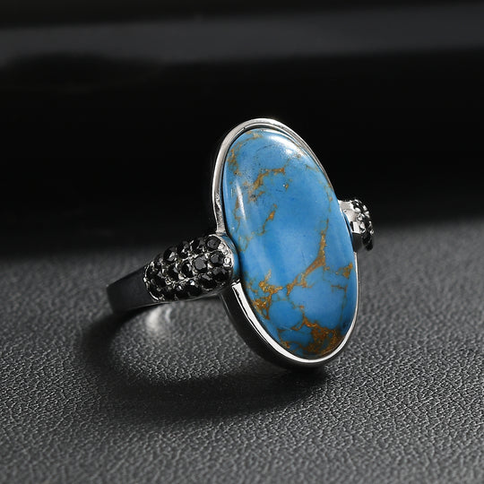 EVER TRUE Blaues Türkis, Schwarzer Spinell Ring 316L Edelstahl (Größe 19.00) ca. 8.30 ct
