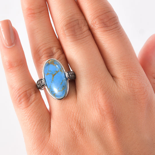 EVER TRUE Blaues Türkis, Schwarzer Spinell Ring 316L Edelstahl (Größe 19.00) ca. 8.30 ct