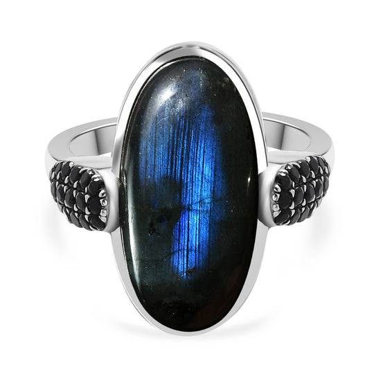 EVER TRUE Labradorit, Schwarzer Spinell Ring 316L Edelstahl (Größe 20.00) ca. 9.89 ct