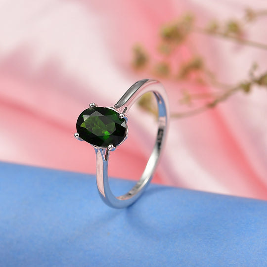 SELTENE GROßE Natürlicher Chromdiopsid (8X6 mm) Ring 925 Silber rhodiniert (Größe 17.00) ca. 1.28 ct