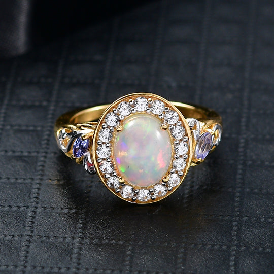D'Joy Natürlicher, äthiopischer Welo Opal, Tansanit Ring 925 Silber vergoldet (Größe 18.00) ca. 2,15 ct