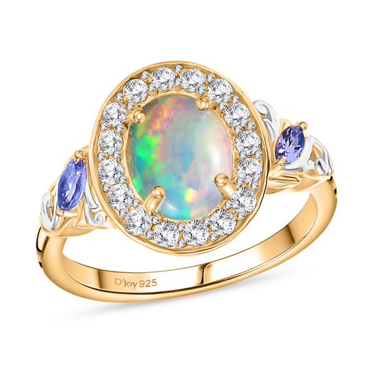 D'Joy Natürlicher, äthiopischer Welo Opal, Tansanit Ring 925 Silber vergoldet (Größe 18.00) ca. 2,15 ct