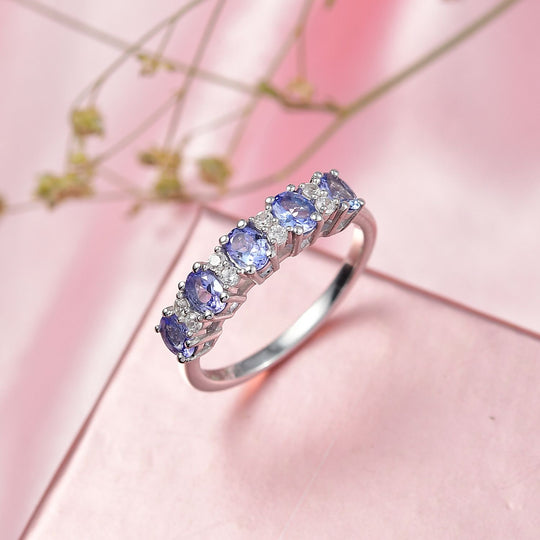 Tansanit, Weißer Zirkon Ring 925 Silber rhodiniert (Größe 19.00) ca. 1.01 ct