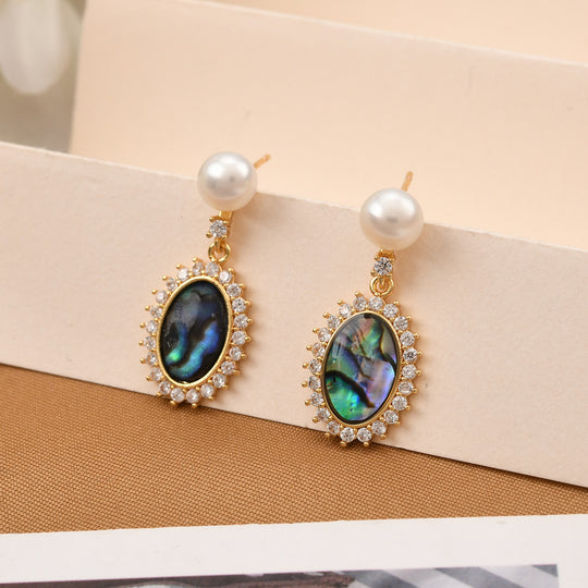 Abalone Muschel, Zirkonia und weiße Süßwasserperle Ohrringe, Messing in Goldton