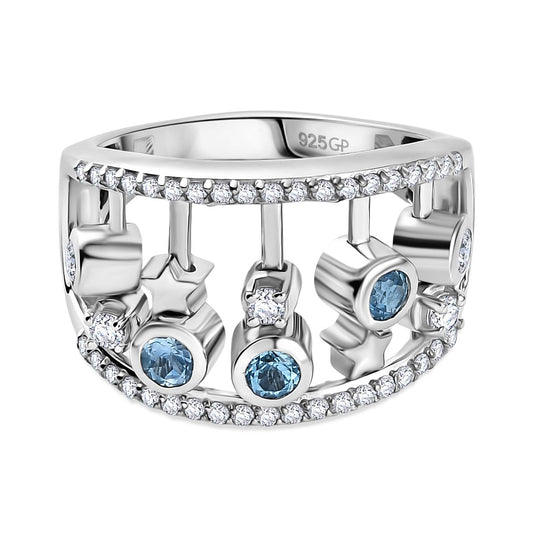 GP - Schweizer Blautopas, Weißer Zirkon Ring 925 Silber rhodiniert (Größe 18.00) ca. 1,24 ct