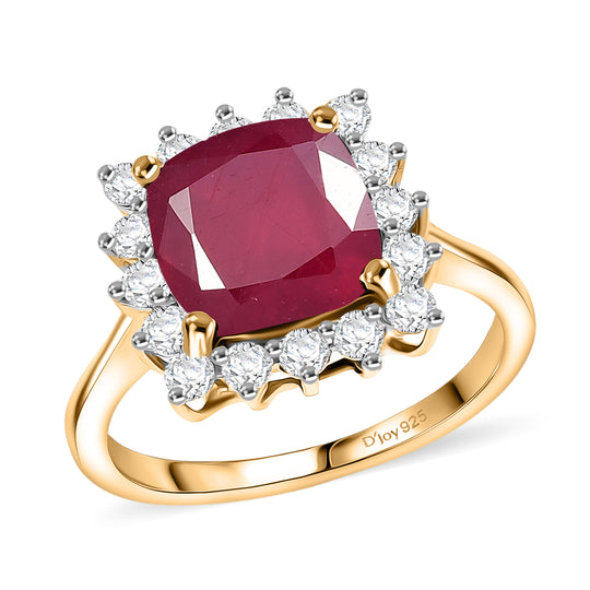 D'Joy AA Afrikanischer Rubin (Fissure gefüllt), Moissanit Ring 925 Silber 750 Gelbgold Vermeil (Größe 19.00) ca. 5,64 ct