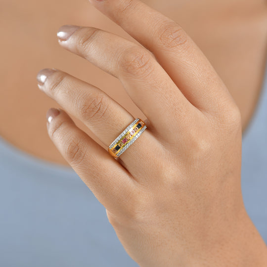 MÜNCHEN CLOSE OUT - AA Mehrfarbiger Saphir, Weißer Zirkon Ring 925 Silber 750 Gelb Vergoldet (Größe 20.00) ca. 1.16 ct