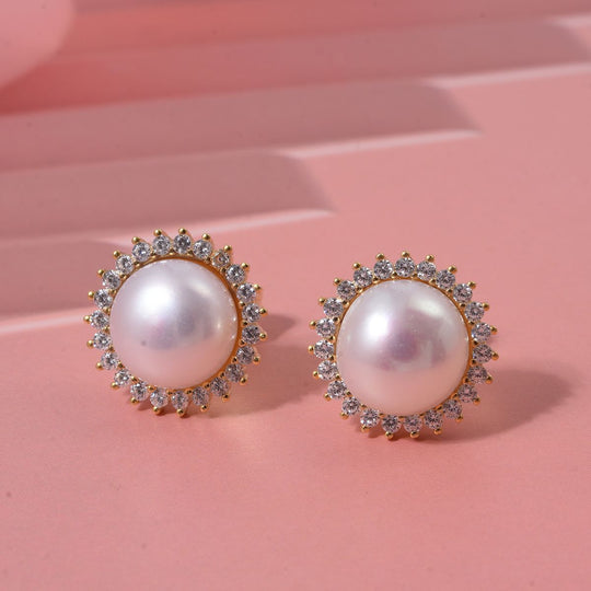 Süßwasser Perle (10 mm), Weißer Zirkonia Ohrringe 925 Silber vergoldet