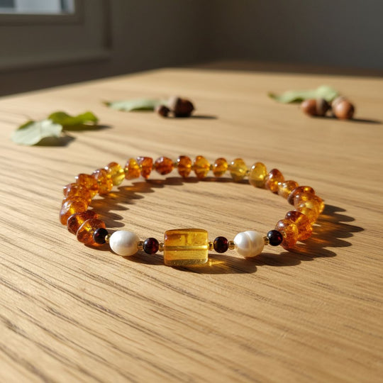 Weiße Süßwasser Perle (6-8 mm), Mehrfarbiger Bernstein Armband, Flexibles ca. 18 cm - 19 cm