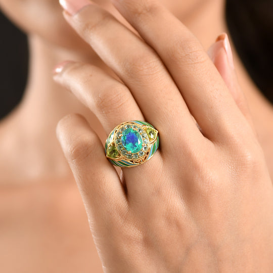 EVER TRUE Pfau Quarz Triplette, Peridot Ring Nickelfreies Messing (Größe 19.00) ca. 4,59 ct