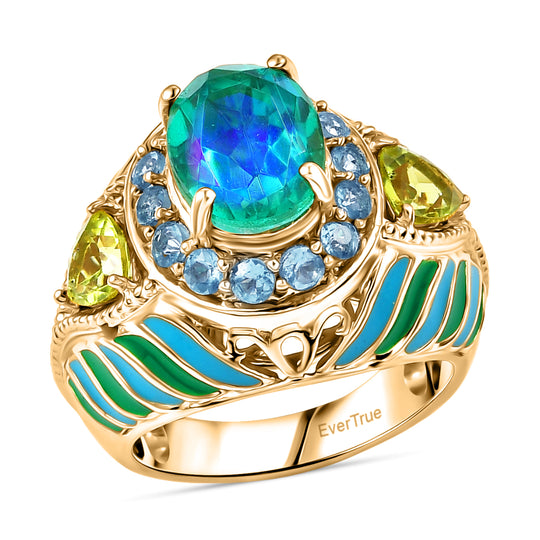 EVER TRUE Pfau Quarz Triplette, Peridot Ring Nickelfreies Messing (Größe 19.00) ca. 4,59 ct