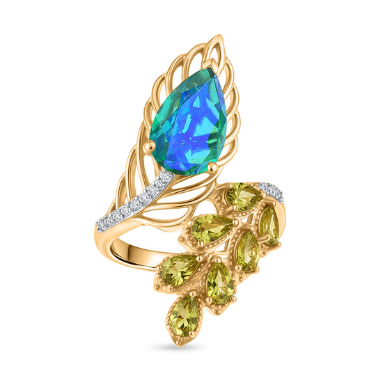 D'Joy Pfau Quarz Triplette, Peridot Ring 925 Silber 750 Gelbgold Vermeil (Größe 20.00) ca. 4,90 ct