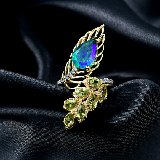 D'Joy Pfau Quarz Triplette, Peridot Ring 925 Silber 750 Gelbgold Vermeil (Größe 20.00) ca. 4,90 ct