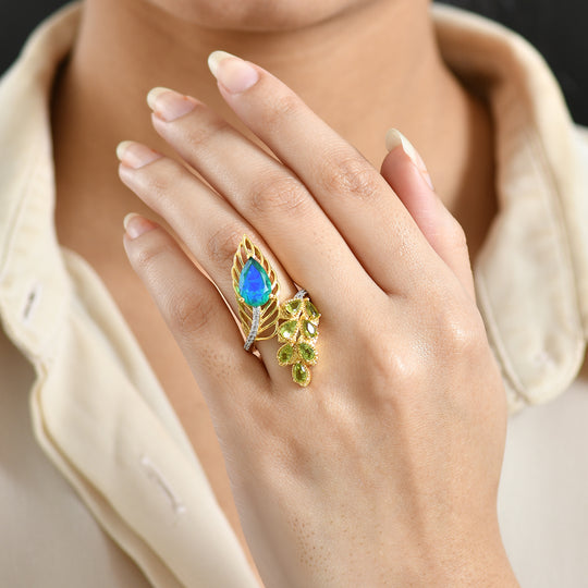 D'Joy Pfau Quarz Triplette, Peridot Ring 925 Silber 750 Gelbgold Vermeil (Größe 20.00) ca. 4,90 ct