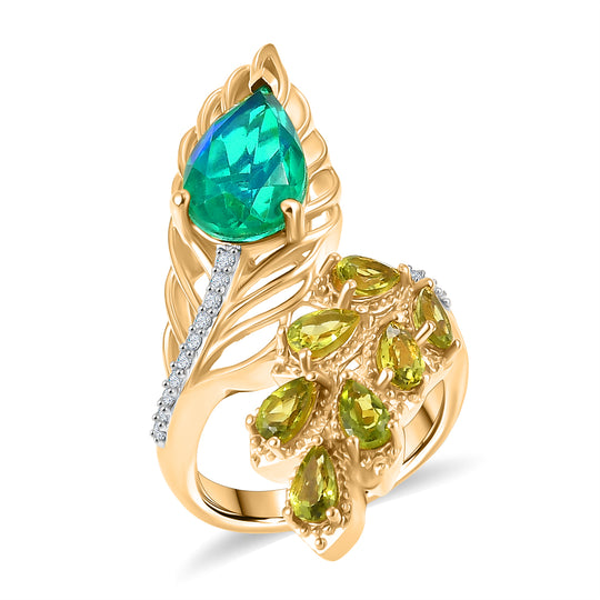 D'Joy Pfau Quarz Triplette, Peridot Ring 925 Silber 750 Gelbgold Vermeil (Größe 20.00) ca. 4,90 ct