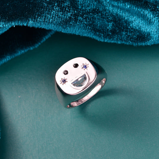 GP Celestial Kollektion - Himmelblauer Topas, Schwarzer Spinell Ring 925 Silber platiniert (Größe 19.00) ca. 0.52 ct