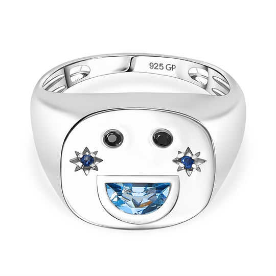 GP Celestial Kollektion - Himmelblauer Topas, Schwarzer Spinell Ring 925 Silber platiniert (Größe 19.00) ca. 0.52 ct