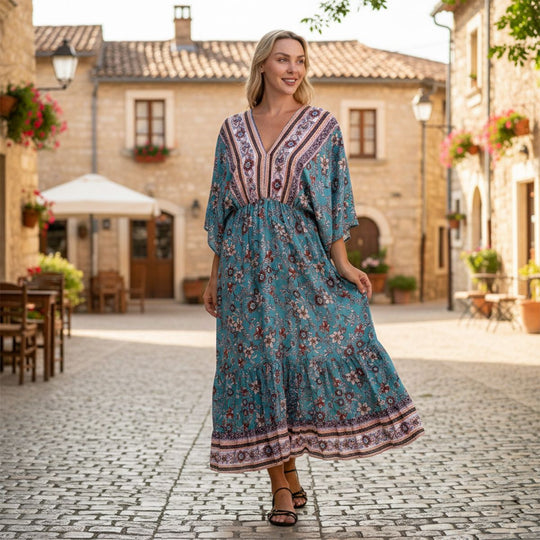 LA MAREY Viskose Kleid mit Kimonoärmeln, elastischer Taille, Einheitsgröße, Lila gemustert