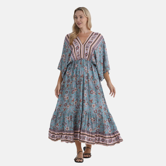 LA MAREY Viskose Kleid mit Kimonoärmeln, elastischer Taille, Einheitsgröße, Lila gemustert
