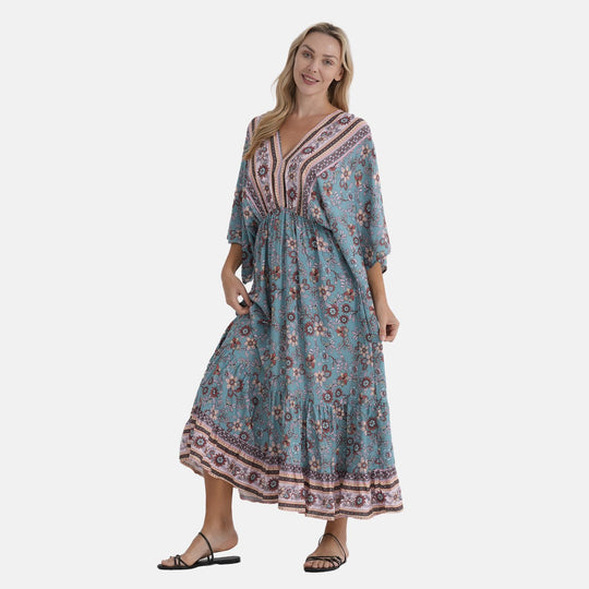 LA MAREY Viskose Kleid mit Kimonoärmeln, elastischer Taille, Einheitsgröße, Lila gemustert