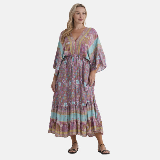 LA MAREY Viskose Kleid mit Kimonoärmeln, elastischer Taille, Einheitsgröße, Lila gemustert