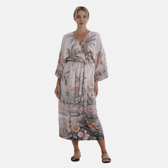 LA MAREY Kimono mit Pfauenprint 100% Viskose Einheitsgröße 128 cm Länge, Schwarz