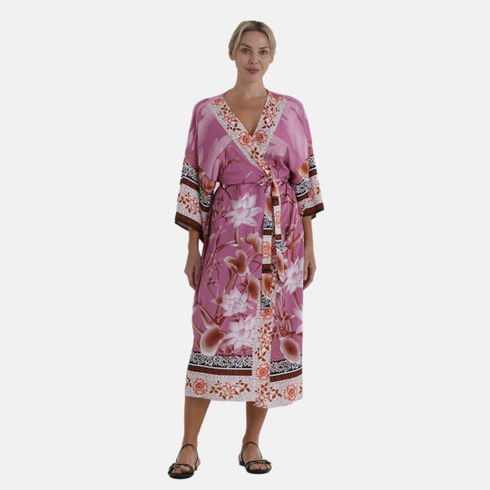 LA MAREY Kimono mit Vogel- und Blumenprint 100% Viskose, passend für EU 36-42,128 cm Länge, Rosa