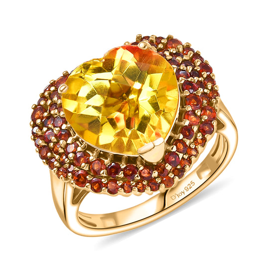 D'Joy - Sonnenfeuer-Heart-Design Sphaleros Quarz-Triplette, Mosambik Granat Ring 925 Silber 750 Gelbgold Vermeil (Größe 18.00) ca. 7.98 ct