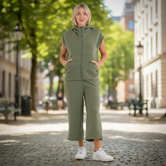 LA MAREY 2er Set Strickanzug Oberteil und Hose S/M grün
