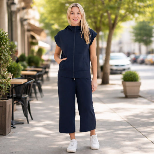LA MAREY 2er Set Strickanzug Oberteil und Hose L/XL Marine Blau
