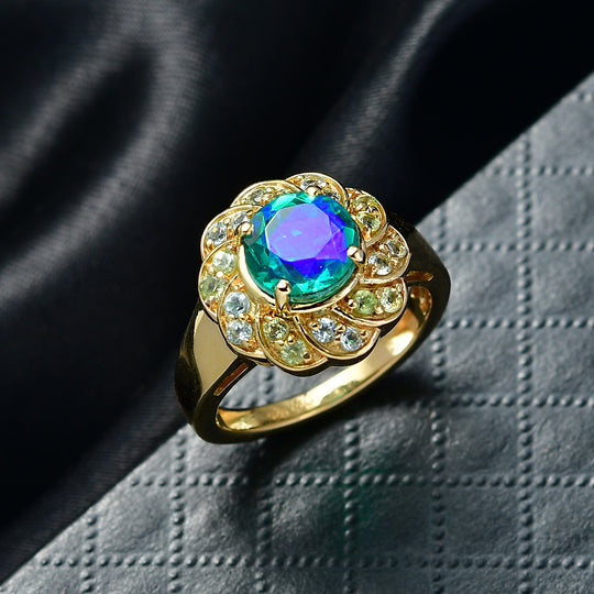 D'Joy Pfau Quarz Triplette, Peridot Ring 925 Silber 750 Gelb Vergoldet (Größe 18.00) ca. 2,76 ct