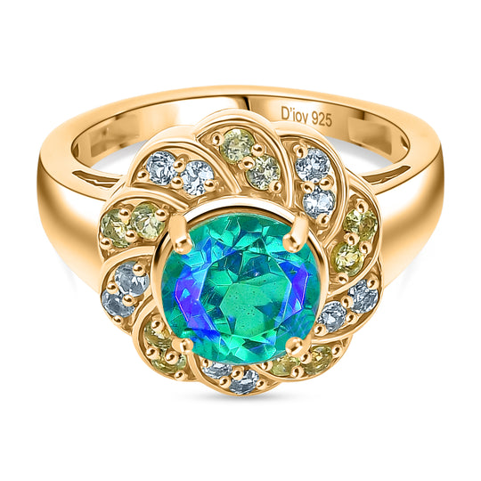 D'Joy Pfau Quarz Triplette, Peridot Ring 925 Silber 750 Gelb Vergoldet (Größe 18.00) ca. 2,76 ct