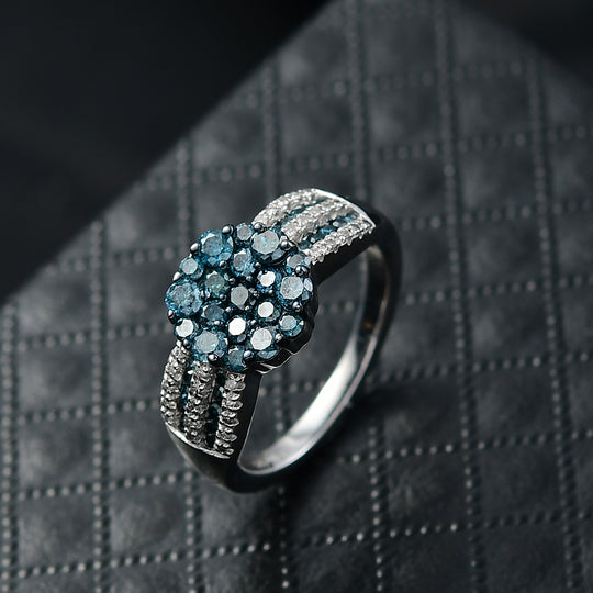 D'Joy Blauer Diamant, Weißer Diamant Ring 925 Silber rhodiniert (Größe 19.00) ca. 1.00 ct