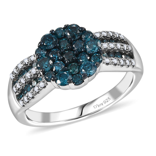 D'Joy Blauer Diamant, Weißer Diamant Ring 925 Silber rhodiniert (Größe 19.00) ca. 1.00 ct