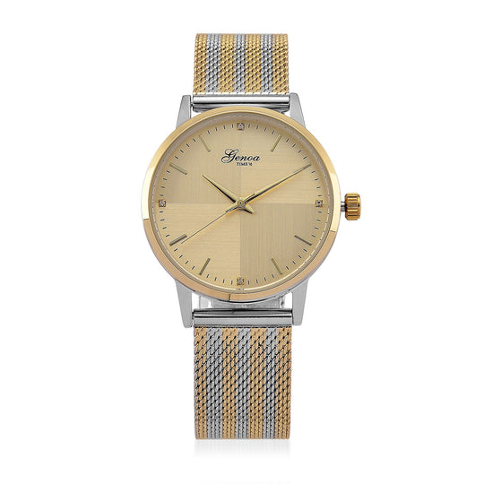 GENOA TIME - V2 Automatik Armbanduhr, Gehäuse 316 Edelstahl Sonnenschein Zifferblatt mit weißem Diamant Edelstahl Mesharmband, bicolor