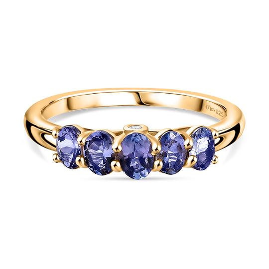 D'Joy AA Tansanit, Weißer Diamant Ring 925 Silber 750 Gelb Vergoldet (Größe 19.00) ca. 0,91 ct