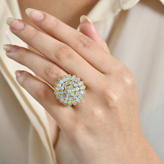 D'Joy AA Natürlicher, äthiopischer Welo Opal, Weißer Zirkon Ring 925 Silber 750 Gelbgold Vermeil (Größe 19.00) ca. 3,24 ct